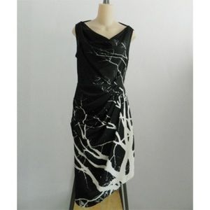 Asymmetrical drape neck tree print dress